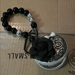 Black and Silver Keychain with Flower mirror and Number 5!
